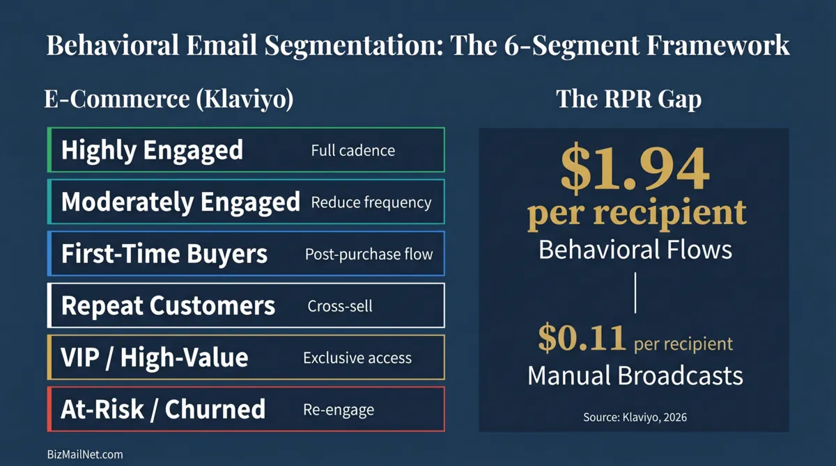 Behavioral email segmentation infographic showing six core Klaviyo segments, B2B intent scoring signals, and revenue per recipient comparison between flows and broadcasts.