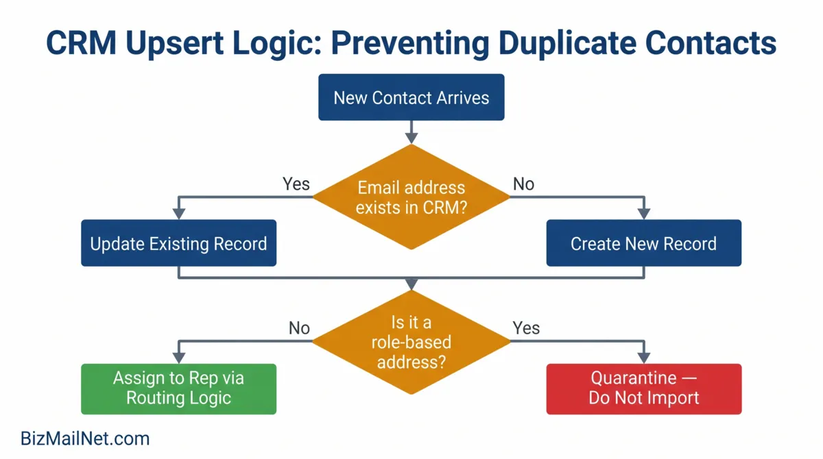 CRM upsert logic flowchart showing how to prevent duplicate contacts when syncing email marketing platforms with HubSpot, ActiveCampaign, and Zoho CRM for B2B sales teams.
