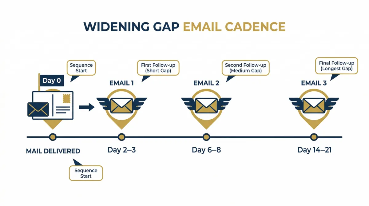 Widening gap email cadence timeline: Day 0 mail delivered, Email 1 at Day 2–3, Email 2 at Day 6–8, Email 3 at Day 14–21, with the gap between each send visually increasing.