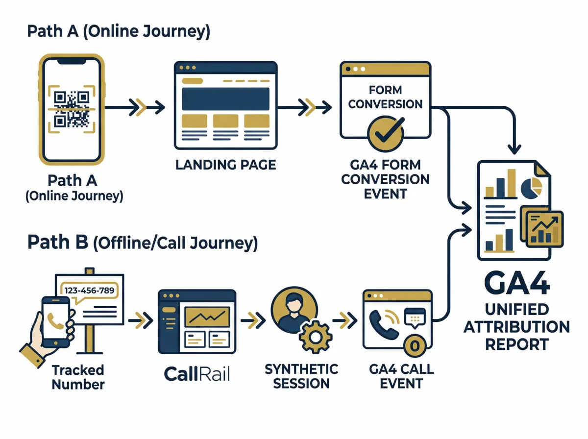 Two-path attribution diagram: a QR code scan flowing through a landing page to a GA4 form conversion event, and a phone call flowing through CallRail to a synthetic GA4 session, both converging into a unified GA4 attribution report.
