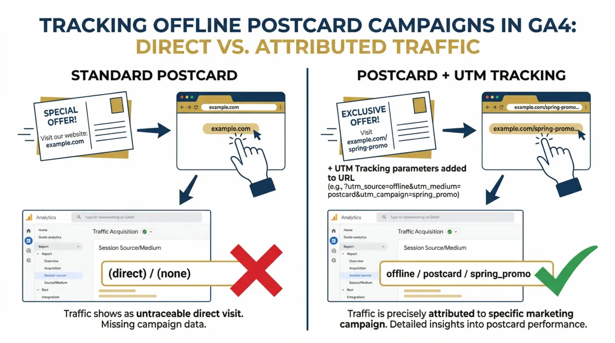 GA4 acquisition report comparison showing untracked direct mail appearing as (direct)/(none) on the left versus properly tagged traffic showing offline/postcard/spring_promo attribution on the right.