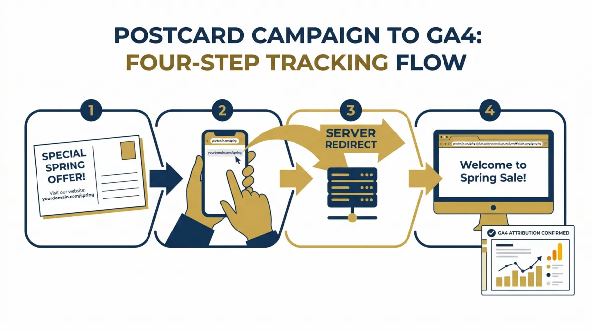 Four-step diagram showing a postcard with a short vanity URL, a recipient typing it on their phone, a server redirect arrow, and a landing page with the full UTM URL resolved and GA4 attribution confirmed.