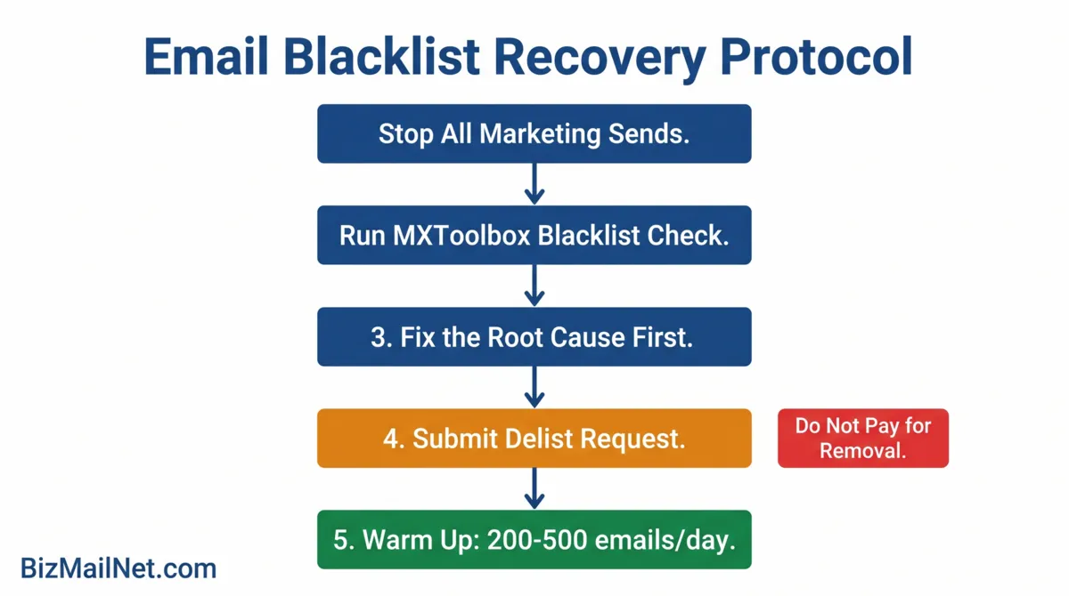 Email blacklist recovery flowchart showing step-by-step triage process from block identification through Spamhaus, Barracuda, and Microsoft delist requests.