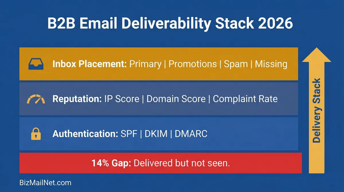 Email deliverability best practices B2B 2026 technical reference diagram showing authentication stack, reputation monitoring, and inbox placement gap.