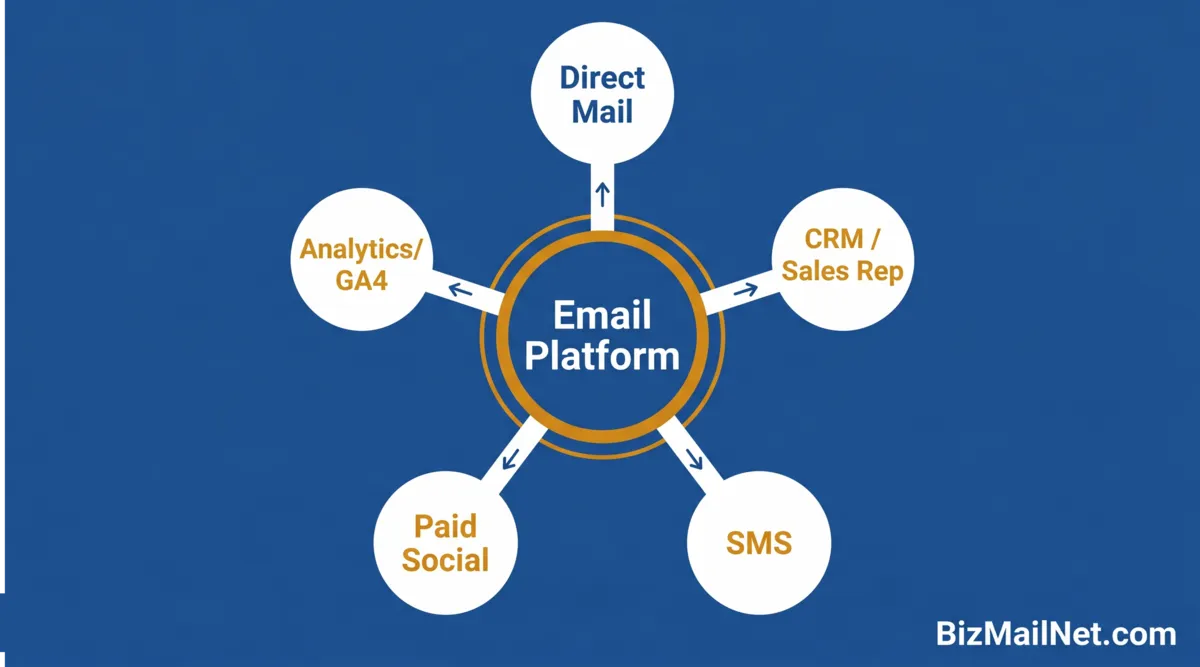 Email marketing platform omnichannel integration map showing connections to direct mail, CRM, SMS, paid social, and analytics for B2B email marketing software comparison 2026.