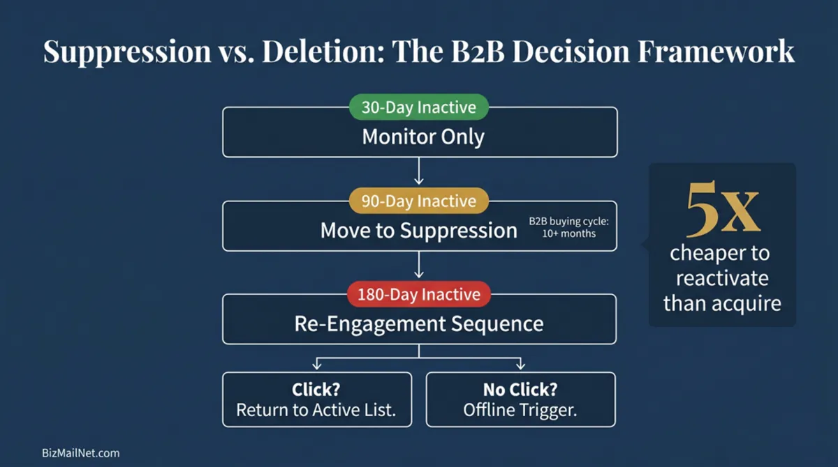 Email suppression framework infographic showing three-tier inactivity classification and decision logic for cleaning unengaged subscribers without losing B2B pipeline.