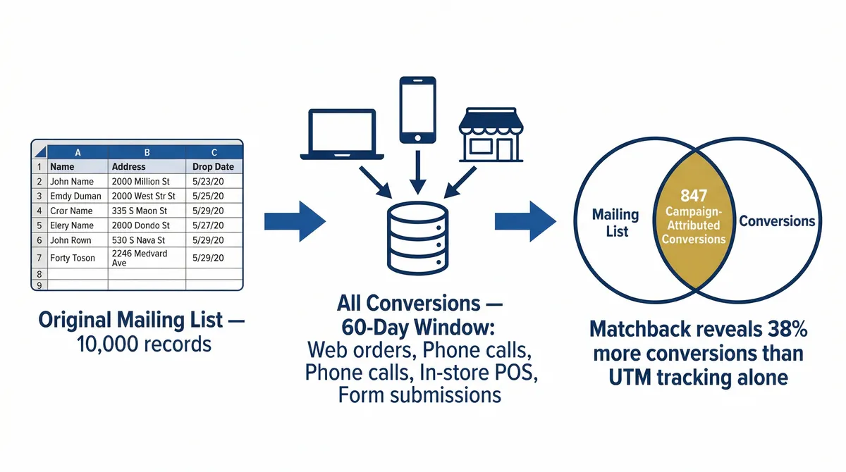 Three-step matchback analysis process: original mailing list of 10,000 addresses, conversion records from all channels over a 60-day window, match result with campaign-attributed conversions identified by name and address overlap.