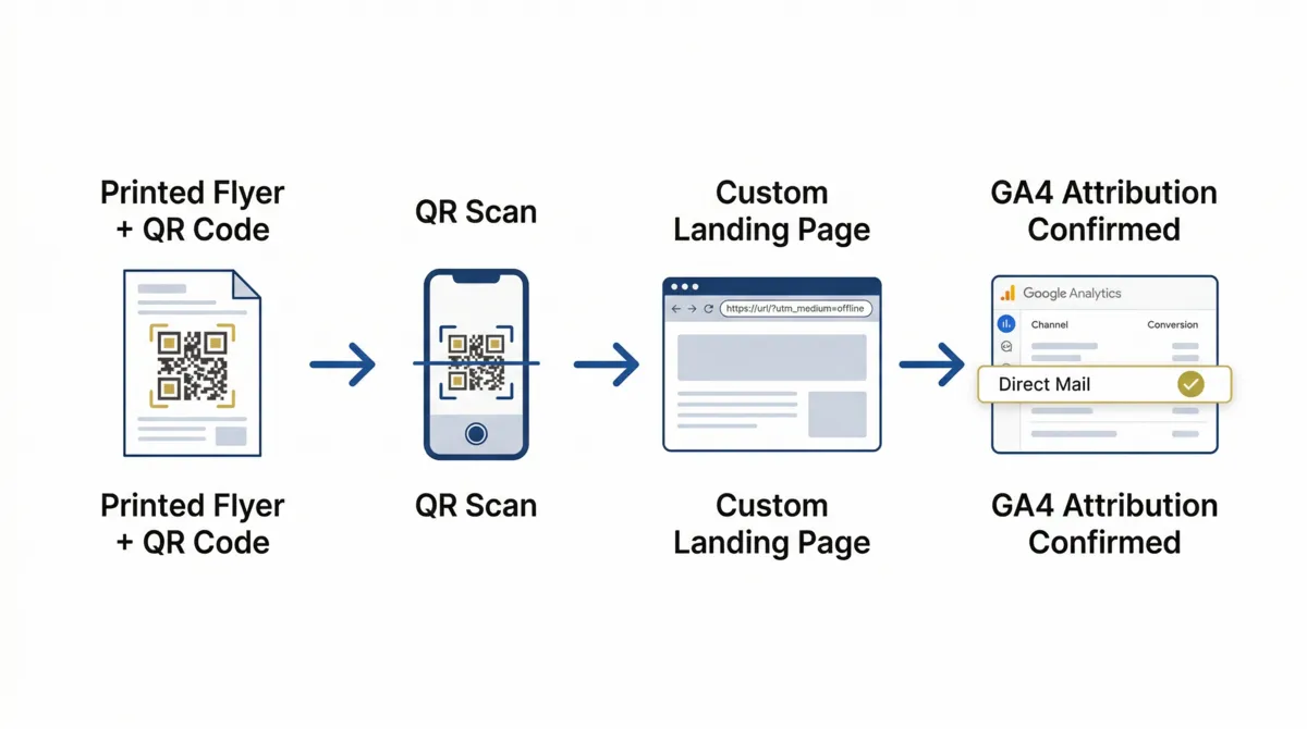 Attribution flowchart: printed flyer with QR code, smartphone scan, custom landing page with UTM parameters, GA4 conversion event with Direct Mail channel group highlighted.