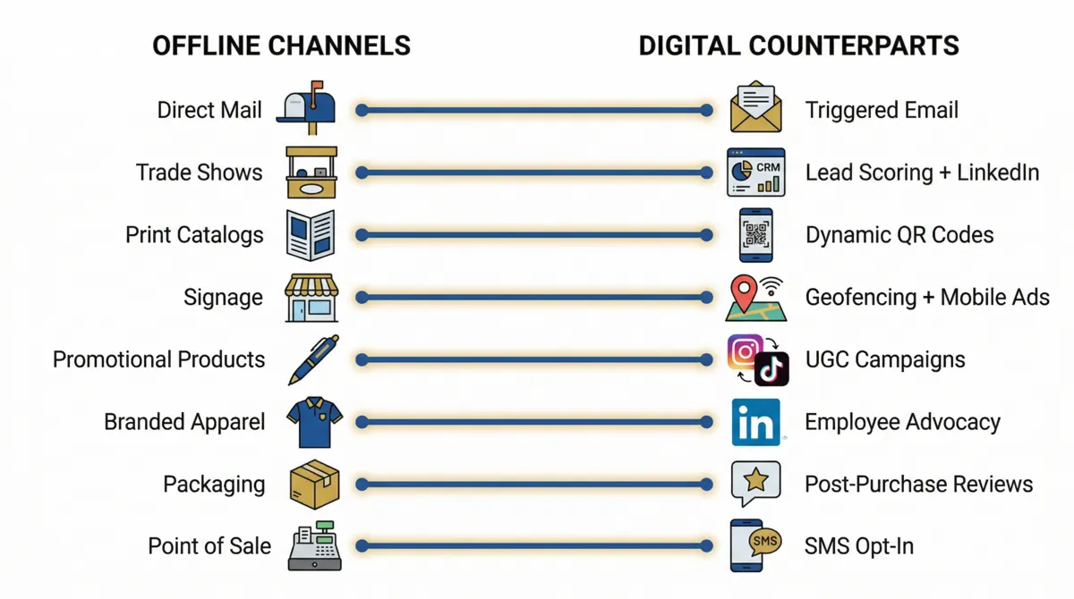 Integration map showing 8 offline marketing channels on the left connected by lines to their digital counterparts on the right.