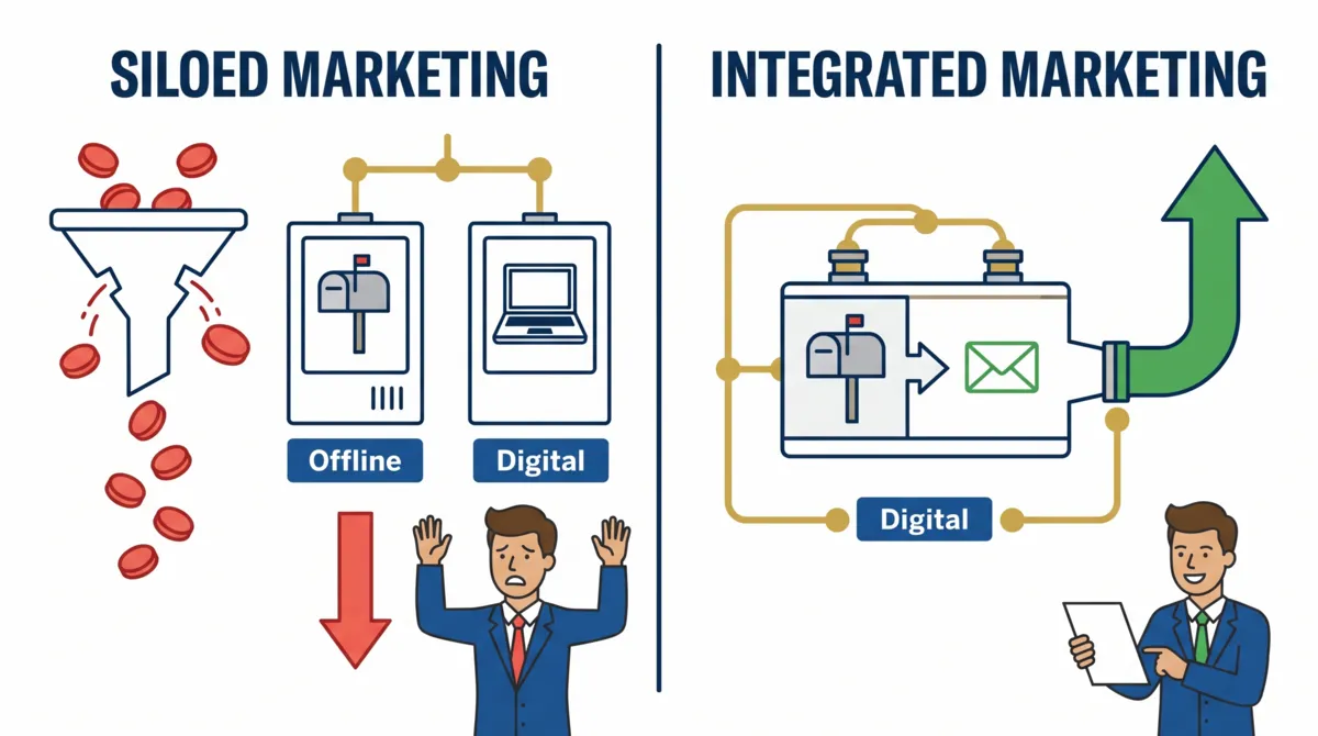 Side by side comparison: siloed marketing with separate offline and digital budgets versus integrated marketing where physical and digital channels trigger each other.