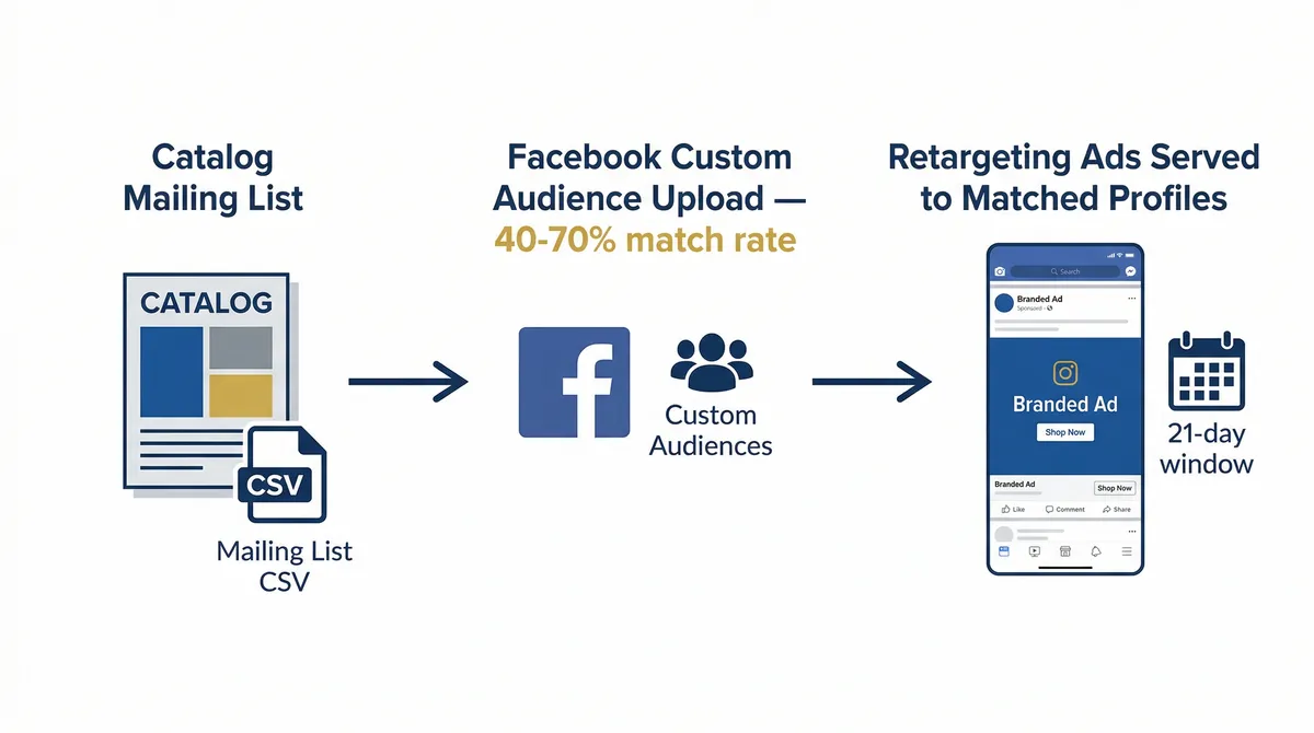 Flow diagram showing a printed catalog mailing list uploading to Facebook Custom Audiences, then serving retargeting ads to matched profiles during the 21-day retention window.