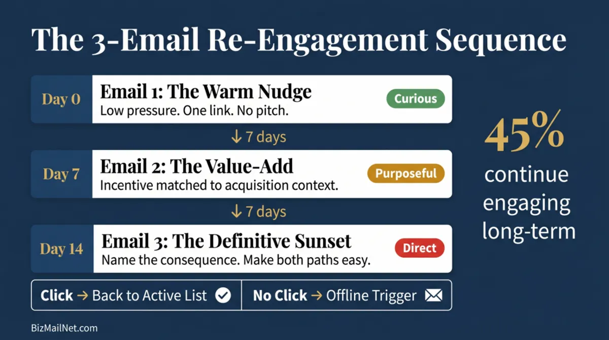 Re-engagement email sequence infographic showing 3-email architecture with timing windows, copy frameworks, and offline trigger logic for inactive subscribers.