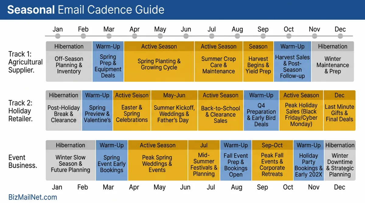 Seasonal email marketing annual calendar showing active sending periods, warm-up phases, and hibernation windows for agricultural suppliers, holiday retailers, and event businesses.