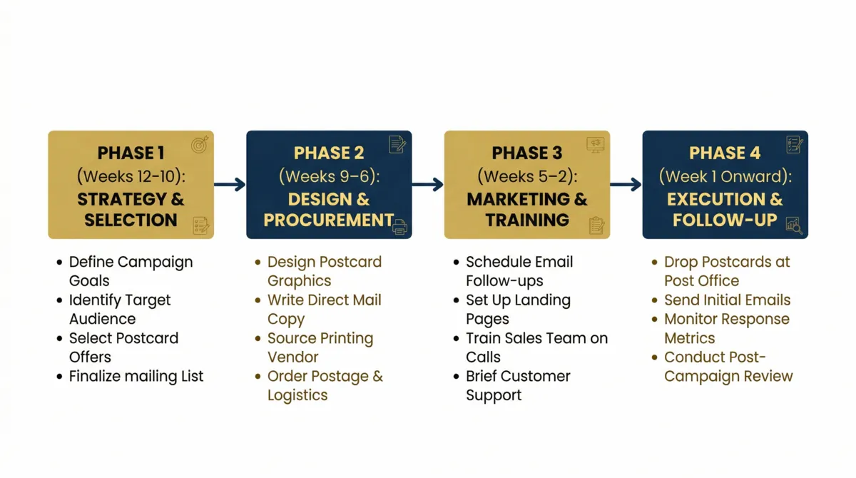 Four-phase trade show preparation timeline: Phase 1 (Weeks 12–10) Strategy and Selection, Phase 2 (Weeks 9–6) Design and Procurement, Phase 3 (Weeks 5–2) Marketing and Training, Phase 4 (Week 1 onward) Execution and Follow-up — each with bullet tasks beneath.
