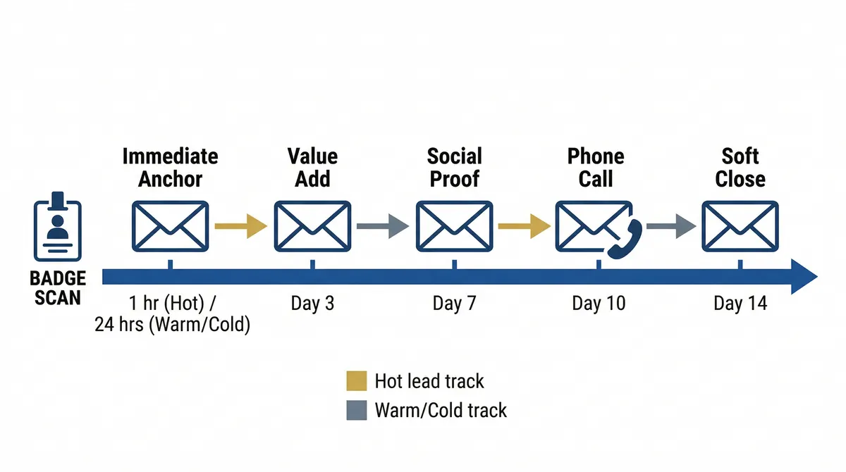 Timeline showing the 5-email trade show follow-up sequence: Email 1 at 1 hour for hot leads and 24 hours for warm and cold, Email 2 at Day 3, Email 3 at Day 7, Email 4 at Day 10 with phone call, Email 5 at Day 14 final close.